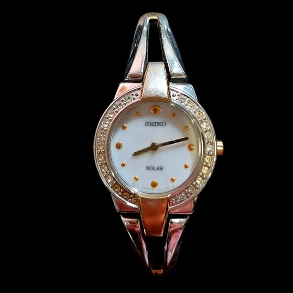 SEIKO Solar Ladies Watch Two Tone White Face Crystal Accented - Picture 4 of 13